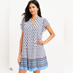 LOFT Border Floral Pleated Ruffle Sleeve Swing Dress